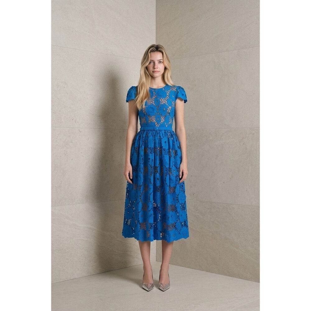 NWT Self-Portrait Blue Poppy Lace Midi Dress Belted A-Line Floral Size 6 8 (078)